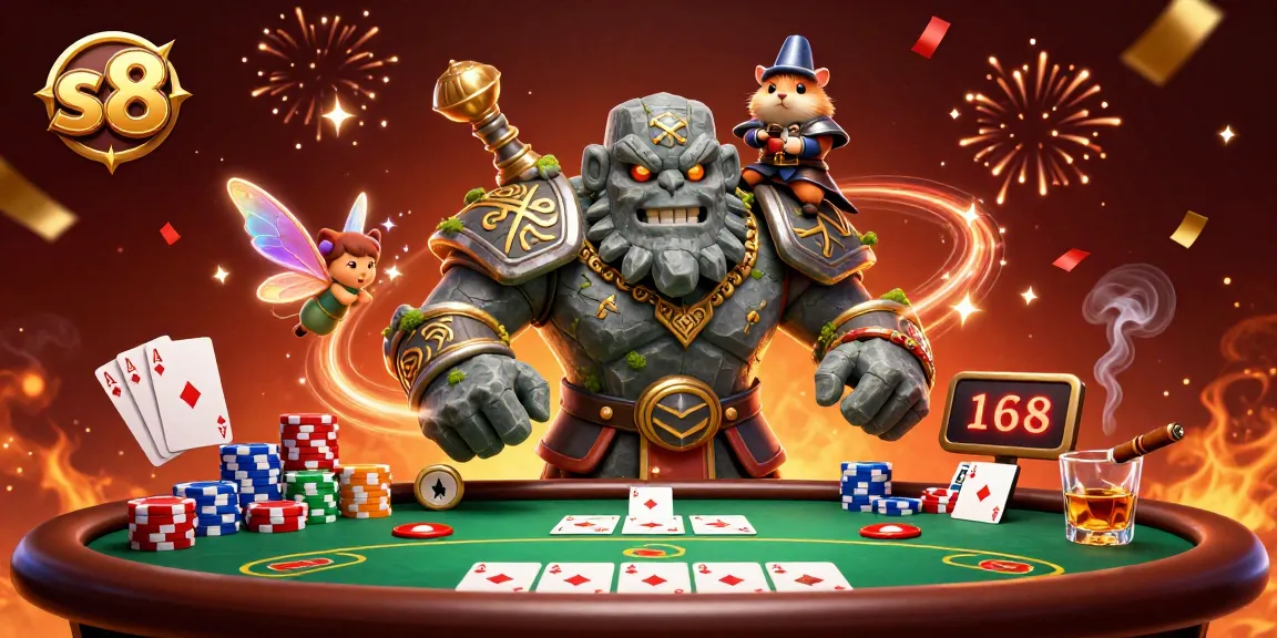 Experience thrilling action at s8 casino with an ancient stone golem guardian and vibrant poker elements.