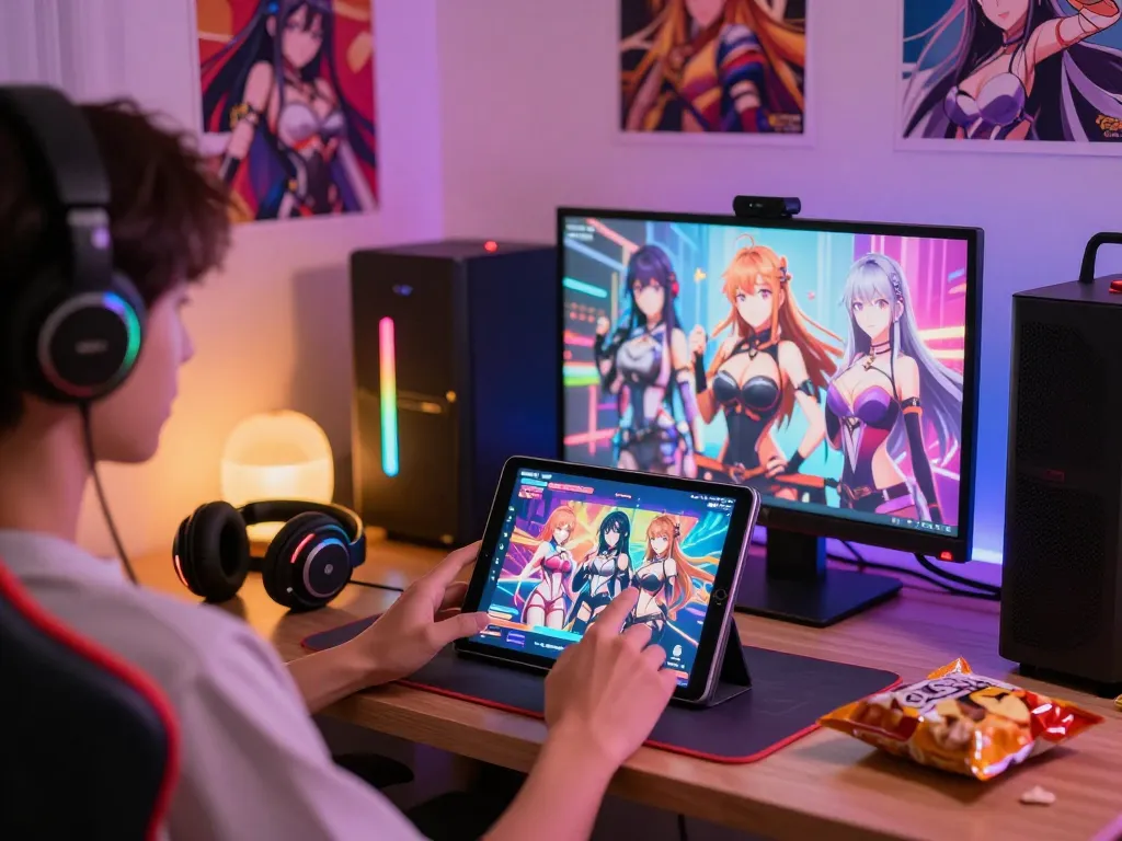 Engaged player enjoying a hentai game on a tablet with colorful accessories and ambient lighting.