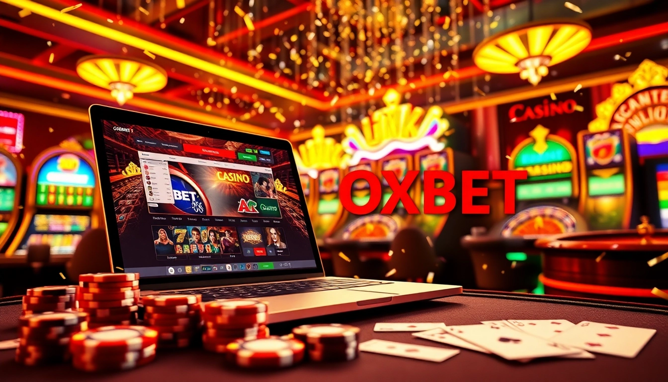 Engage with thrilling games at OXBET casino as the scene showcases vibrant machines and dynamic betting.