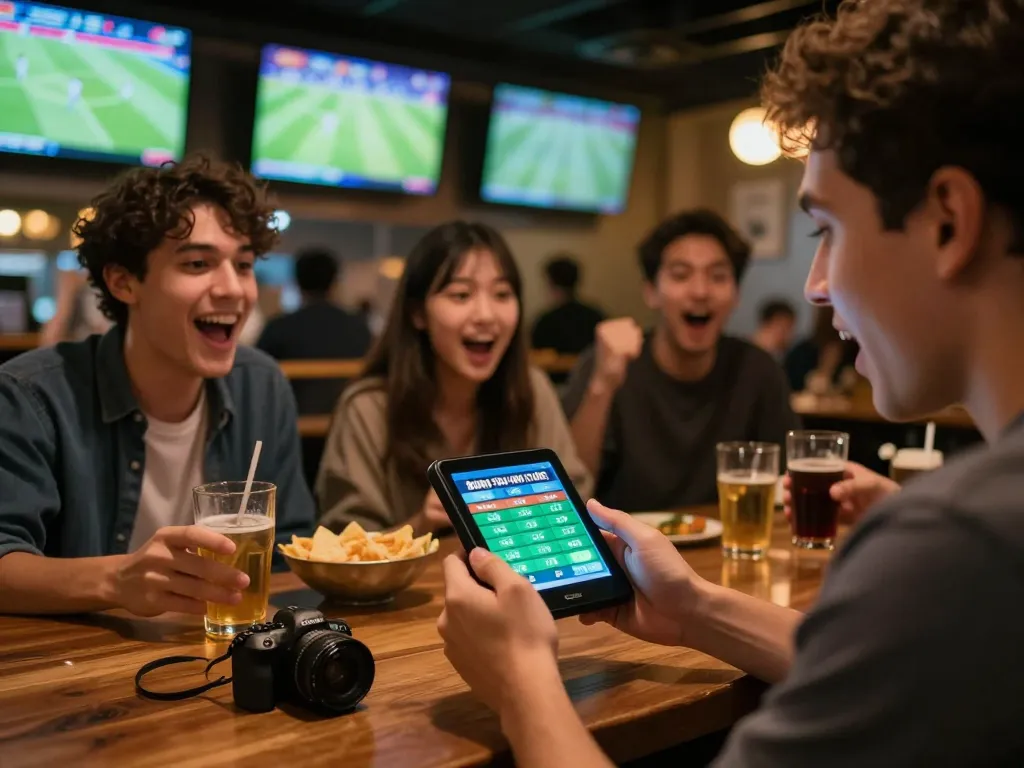 bóng đá trực tuyến kèo nhà cái display on smartphone, energizing sports bar scene with fans enjoying live games
