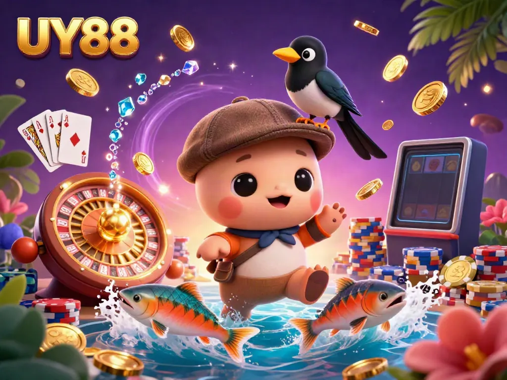 Experience the vibrant excitement of UY88 with a whimsical illustration of Nessie, gold coins, and fun gaming elements.