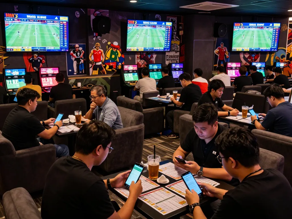 Kèo nhà cái 88 displayed on vibrant screens in a bustling sports betting lounge with engaged bettors.