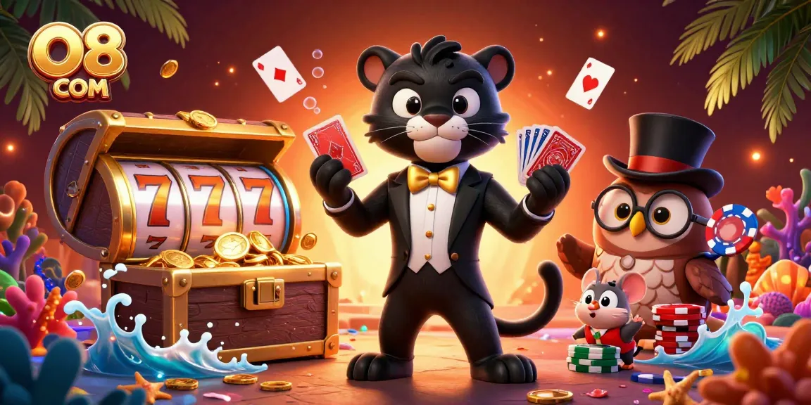 Engage with the vibrant illustration showcasing O8 COM's stylish characters in an exciting casino atmosphere.
