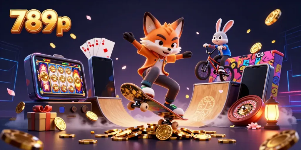Engaging 789p scene showcasing a skateboarder fox flipping over golden poker chips amid casino-themed elements, highlighting vibrant gaming excitement.