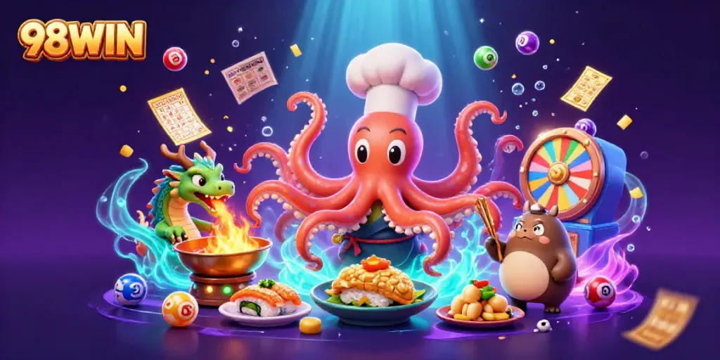 Experience excitement at 98WIN with an engaging animated casino scene featuring winning elements.