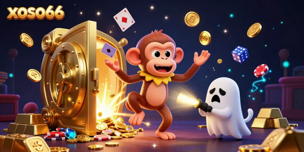 Xoso66 showcases an exciting casino scene with a mischievous monkey juggling gold and a curious puppy, representing thrilling gameplay.