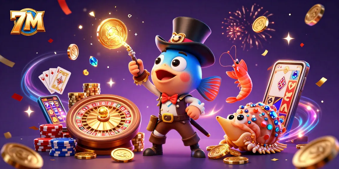 Join the 7M casino adventure, where anglerfish attracts golden coins amidst vibrant gambling elements.