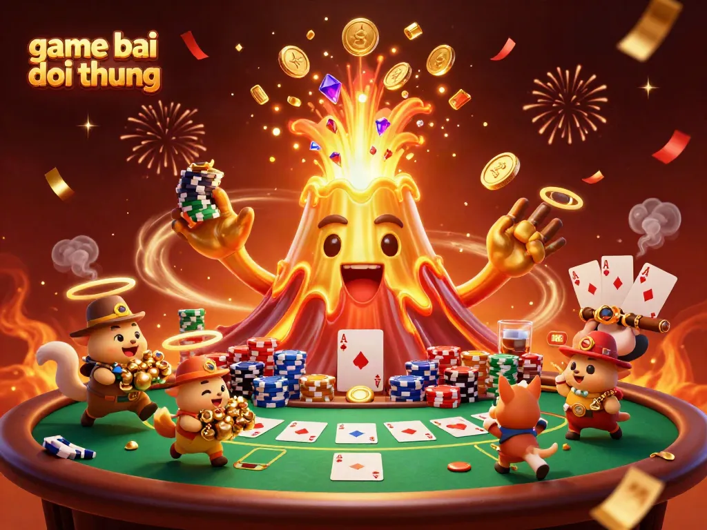 Experience the thrill of game bai doi thuong with golden treasures erupting from a volcano in this vibrant casino scene.