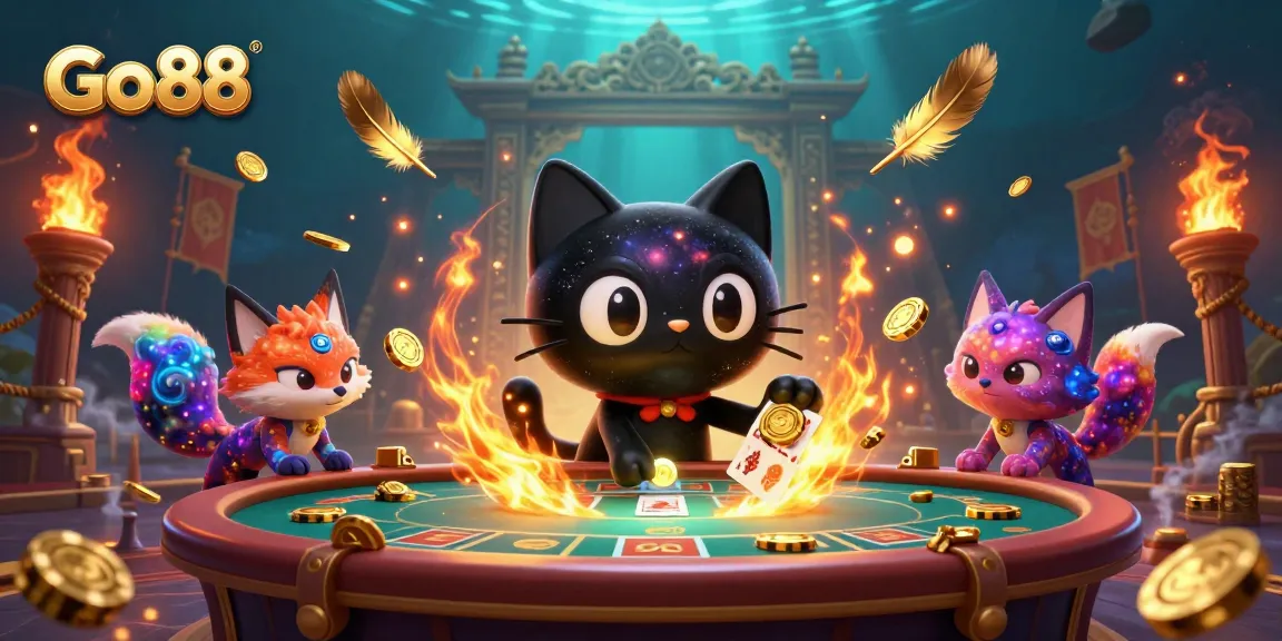 Engage with Go88’s cosmic casino, featuring a black hole cat pulling in chips and cards amid vibrant celestial elements.