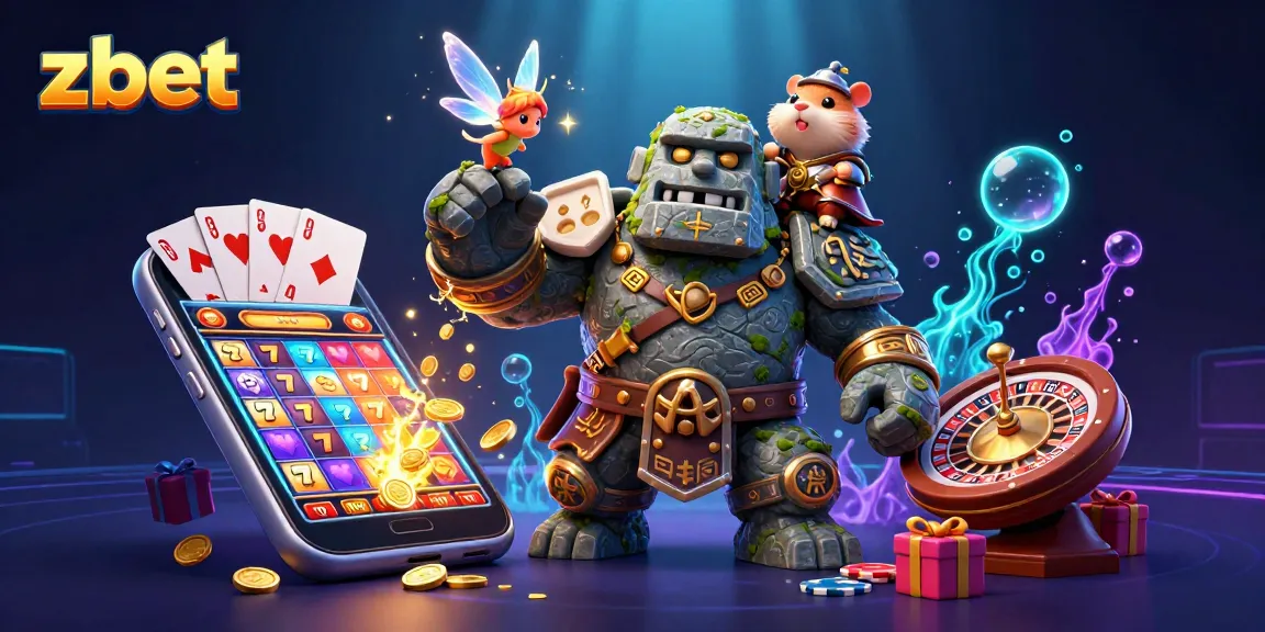 Engage in thrilling zbet gaming with a magical golem, fairy, and hamster knight amid vibrant slot elements.