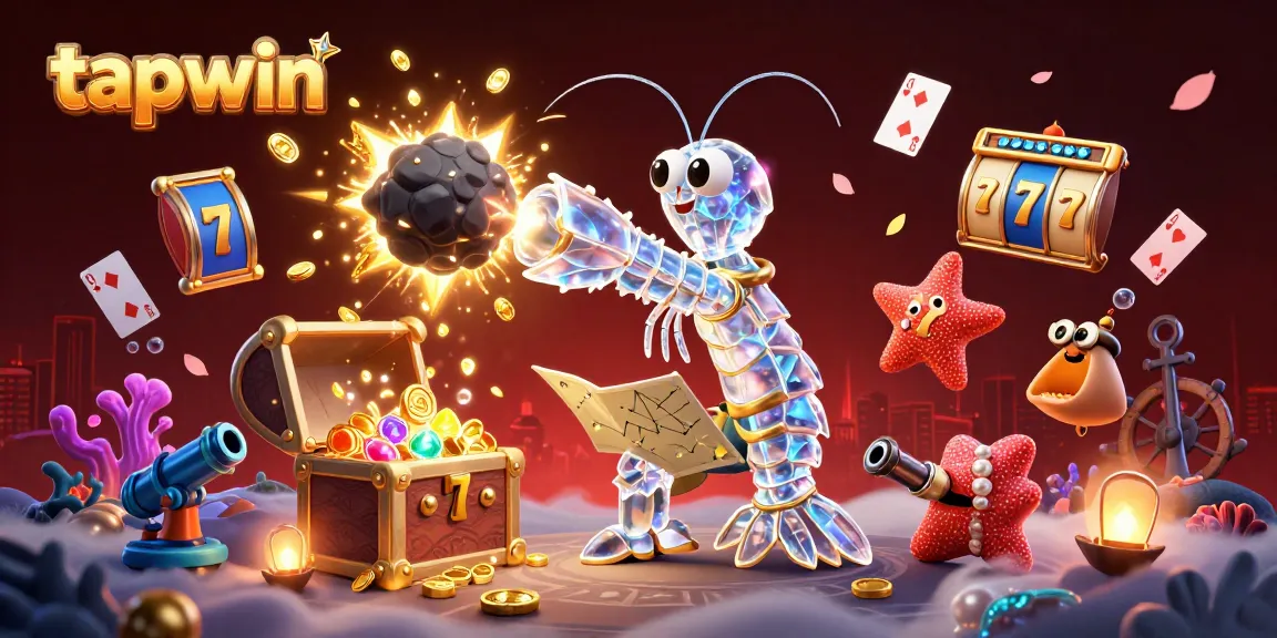 Experience the excitement of tapwin with a vibrant 3D scene featuring a mantis shrimp and starfish amidst floating slot reels.