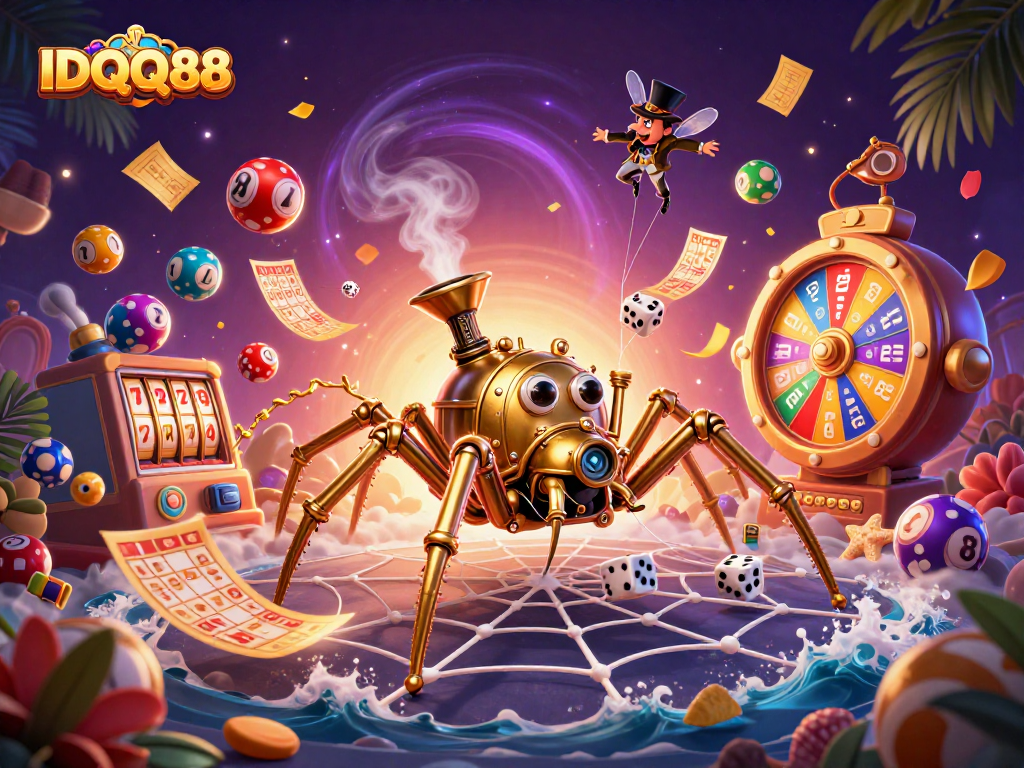 IDQQ88 showcases a dynamic illustration with a golden spider and fly gentleman amidst a casino scene.