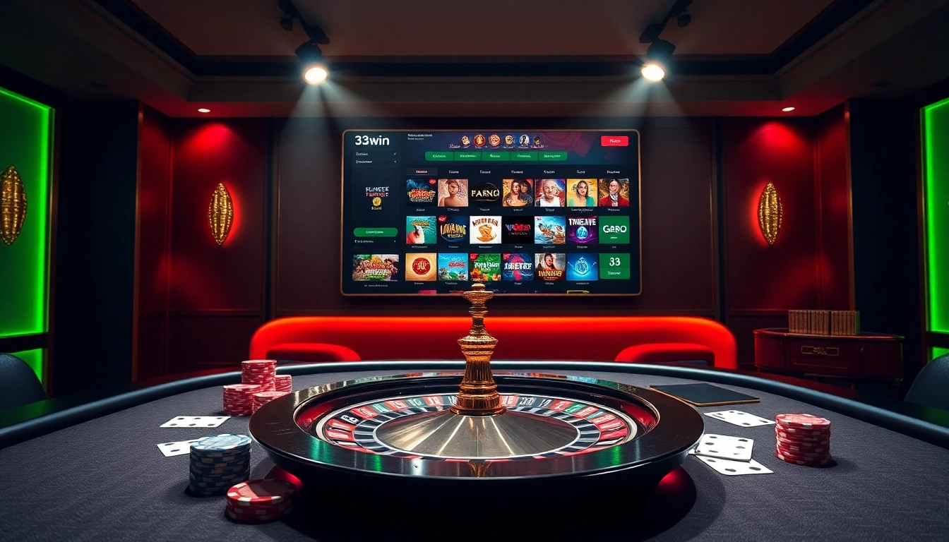 Engaging scene of 33win casino games highlighting poker chips and a roulette wheel.