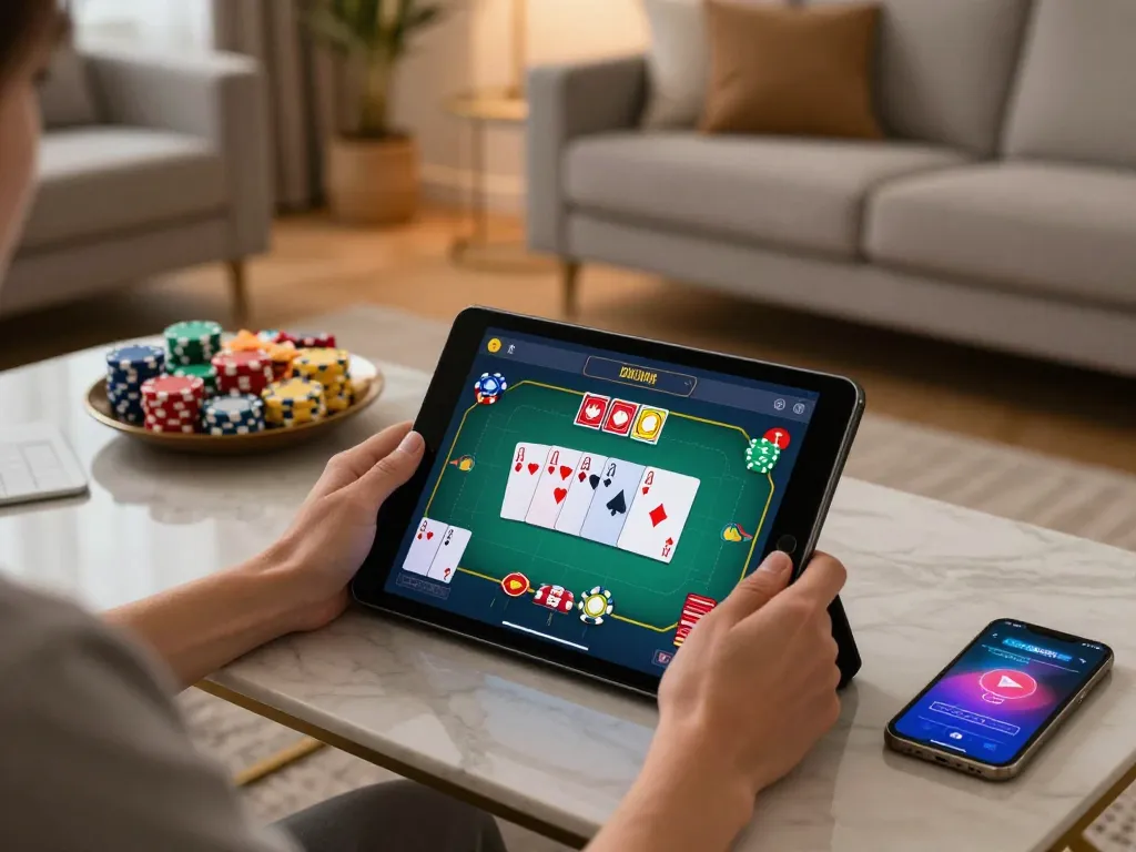 Engaging in online casino gameplay on a tablet focusing on luckywin88 poker strategies.