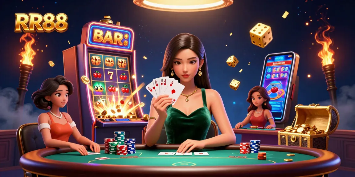 Experience the thrill of RR88 at a luxurious poker table with vibrant casino elements.