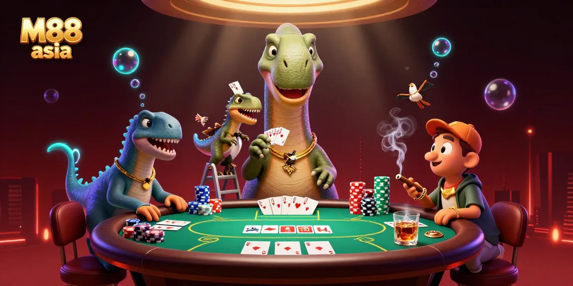 Experience M88 asia's vibrant poker scene with a dynamic dinosaur and clever raptor dealer.