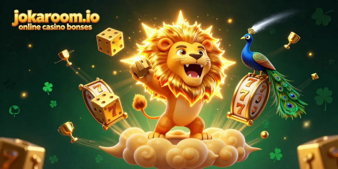 Engage with jokaroom.io online casino bonuses in a vibrant 3D casino world featuring a roaring sun lion and dazzling slot symbols.