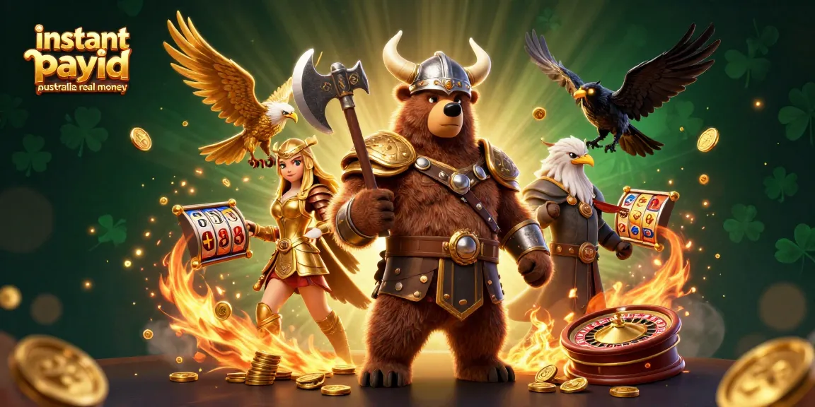 Play instant payid pokies Australia real money amidst a vibrant 3D casino scene with Viking characters.