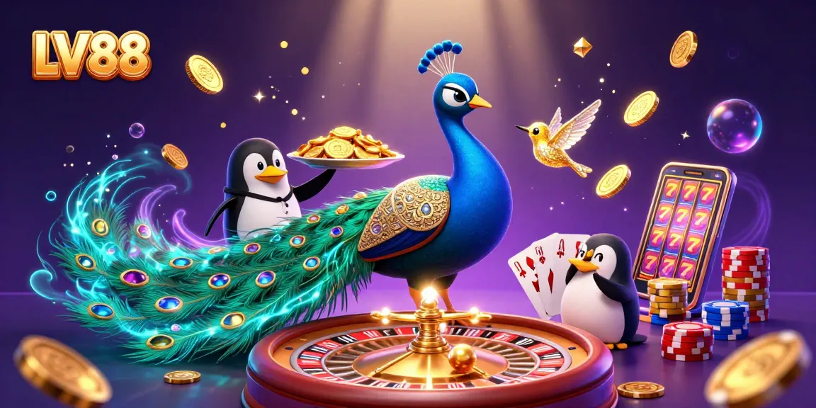 Experience the thrill at LV88 with vibrant casino elements featuring a peacock and loads of winning symbols.