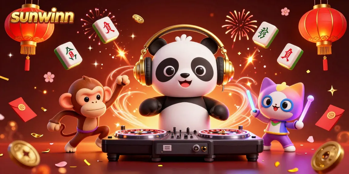 Players enjoy thrilling moments at sunwinn with a DJ panda spinning and vibrant celebrations.