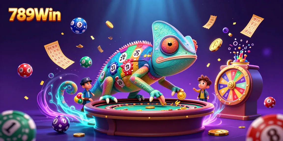 Experience the vibrant energy of 789Win with a dynamic chameleon casino owner in a colorful gambling scene.